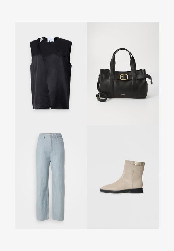 Zwarte mouwloze top met een diagonaal ontwerp, een enkele borstzak en een oversized zilveren knoopaccent. Gemaakt van een zachte stof.; Lichtblauwe recht gesneden jeans van denim. Heeft vijf zakken, een metalen knoopsluiting en subtiele whisks voor textuur.; Beige leren enkellaars met spitse neus, zwarte zool, lage hak en gouden gespband aan de buitenkant, weergegeven op een witte achtergrond.; Zwarte leren handtas met een gestructureerd ontwerp, dubbele handgrepen aan de bovenkant, een gouden gespaccent en een geperst merklogo aan de voorkant.