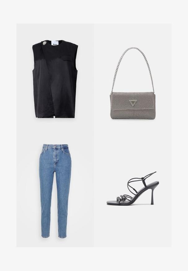Top negru fără mâneci, cu un design diagonal, un singur buzunar pe piept și un accent supradimensionat din buton argintiu. Fabricat dintr-un material neted.; Jeans negre înaltă, cu croială dreaptă, dotate cu nasture și fermoar frontal, cu bucle pentru curea și buzunare, expuse pe un fundal alb simplu.; Sandale negre cu toc înalt au curele subțiri cu un design legat, un vârf pătrat neted și un toc stiletto elegant.; Geantă metalică gri deschis, cu un strap din lanț, decorată cu mici ținte circulare metalice și un logo de marcă triangular.; Cercei creole din argint cu suprafață netedă și lucioasă, având o formă curbată și închidere cu tija. Design minimalist cu un finisaj modern.