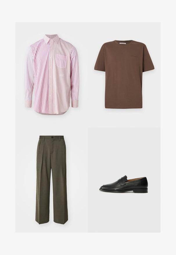 Srajca z dolgimi rokavi z izmeničnimi širokimi in ozkimi roza črtami, z ovratnikom na gumbe in žepom na levi strani prsnega dela s podobnim črtastim vzorcem.; Rjava bombažna majica s krožnim izrezom, kratkimi rokavi in majhnim logotipom, natisnjenim spredaj. Ravna tekstura tkanine, sproščen kroj.; Filippa K WIDE TROUSERS - Hlače - driftwood; Črne usnjene loferice z zaobljenim prstom, subtilnim šivanjem in nizkim petam, ki se odlikujejo po gladki teksturi in minimalističnem oblikovanju.