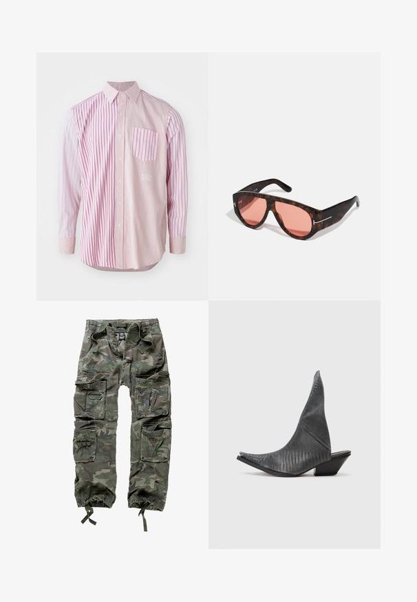 Langarmshirt met afwisselend brede en smalle roze strepen, een button-up kraag en een linkse borstzak met een vergelijkbaar gestreept patroon.; Cargo broek met camouflagepatroon van katoen, met meerdere zakken, elastische boorden en een losse pasvorm met een trekkoord in de taille.; Zwarte hakken met een puntige neus en een gestructureerd slangenleerpatroon. Beschikt over een lage, driehoekige hak en een soepele, gebogen bovenkant.; Tortoiseshell zonnebril met roze lenzen, met een gedurfde hoekige vormgeving en dunne zilveren hardwareaccenten op de montuur.