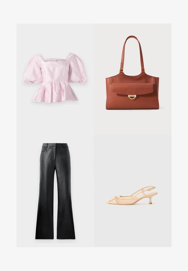 Top peplum rosa claro feito de tecido satin brilhante. Apresenta um decote quadrado e mangas bufantes com uma bainha elástica.; Calças flare de couro preto com uma textura suave, apresentando dois bolsos frontais com detalhes em preto e castanho perto da cintura.; Stuart Weitzman KITTY - Saltos clássicos - beige/barely beige; Bolsa tote em couro castanho com alças longas, bolso frontal com aba e fecho em forma de coração dourado gravado com "Love Moschino".