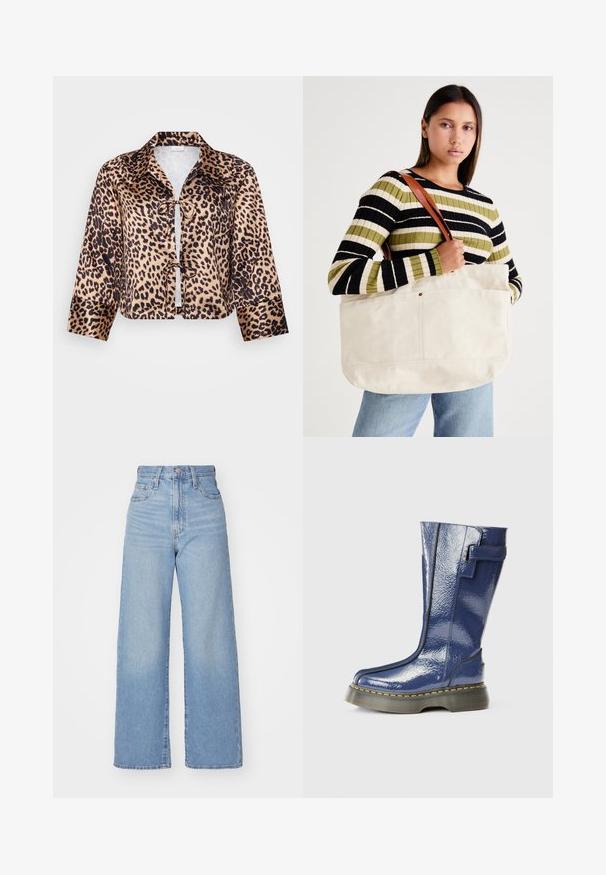 Korte jakke med leopardmønster som har et blankt satinmateriale, klassisk krage, lange ermer og frontknyting.; Lys blå høytlivs vide jeans med knapp- og glidelås lukking foran, foran og bak lommer, på en hvit bakgrunn.; Blå, blank knæ-høje støvler med rund tå, sidelukning og vertikale sømdetaljer. Har en tyk, sort platformssåle med gule syninger.; Stor beige kanvas tote bag med brune lærreimer, med et minimalistisk design og synlige sømdetaljer.
