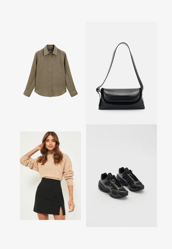 Langærmet, olivengrøn skjorte med krave, knaplukning foran og glat, tekstureret stof. Har en rundet kant og knapmanchetter.; Beige striktrøje med ribbede manchetter parret med en sort mini-nederdel med en sideslids. Outfittet har en afslappet, men tætsiddende silhuet.; Sorte sportssko lavet af syntetisk materiale med mesh-detaljer og afrundede såler. Har snørresystem og fremtrædende Nike-logo på tungen.; Sort læderhåndvask med en struktureret form, en glat overflade og en enkelt skulderrem. Har et subtilt, rundet klapdesign.