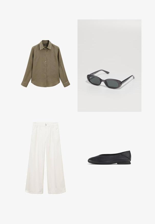 Camicia a maniche lunghe di colore verde oliva con colletto, chiusura con bottoni e tessuto liscio e texture. Presenta un orlo arrotondato e polsini con bottoni.; Pantaloni larghi in cotone bianco con tasche frontali, chiusura a bottone e zip, e cuciture pulite. Adatti per vari contesti informali.; Scarpa piatta nera in pelle con punta arrotondata e tacco basso, progettata per un uso casual o formale.; Occhiali da sole Ray-Ban ovali neri con lenti scure su uno sfondo bianco, che mostrano il logo del marchio sulla lente e sulle asticelle.; Borsa tote nera intrecciata con due manici robusti, caratterizzata da una texture lucida e un ampio design a apertura aperta.