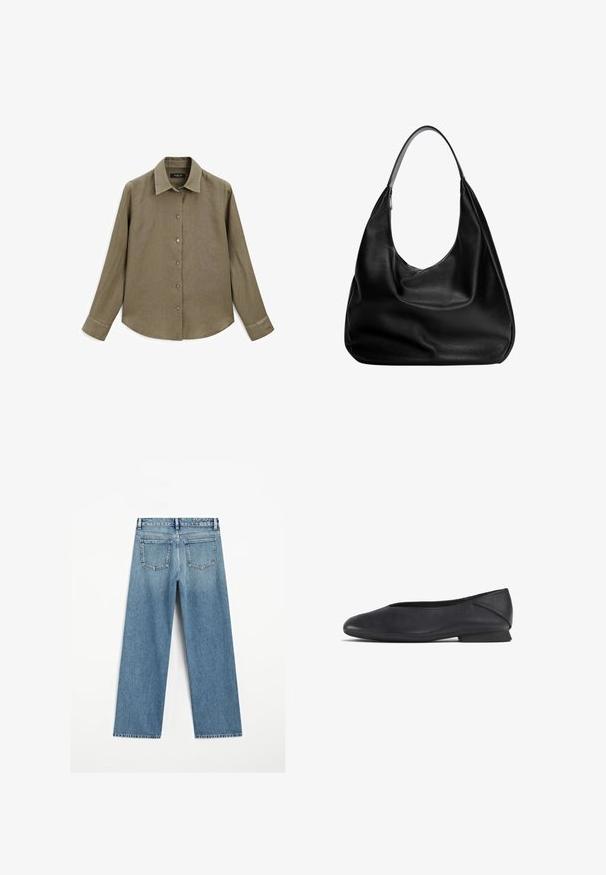 Langärmliges, olivgrünes Hemd mit Kragen, Knopfverschluss und glattem, strukturiertem Stoff. Verfügt über einen abgerundeten Saum und geknöpfte Manschetten.; Hellblaue Denim-Jeans mit weitem Bein, ausgestattet mit zwei Gesäßtaschen und einem fransigen Saum. Hergestellt aus strukturiertem Baumwollstoff.; Schwarze Lederflats mit runder Zehenpartie und niedrigem Absatz, geeignet für Freizeit- oder formelle Anlässe.; Schwarze Leder-Hobo-Tasche mit einem lässigen Design, breitem Schultergurt und glatter Textur. Verfügt über einen seitlichen Reißverschluss.