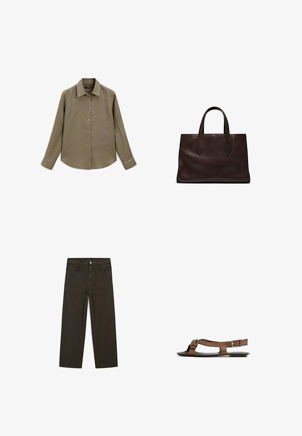 Long-sleeve, olive-green shirt with a collar, button-front closure, and smooth, textured fabric. Features a rounded hem and buttoned cuffs.; Dark green wide-leg jeans made of cotton blend, featuring a front button closure, five pockets, and classic denim stitching.; Brown leather sandal with an open toe and side cutouts. Features an ankle strap with a metal buckle and a flat sole.; Brown leather tote bag with two elongated handles, structured rectangular shape, smooth texture, and subtle stitching details.
