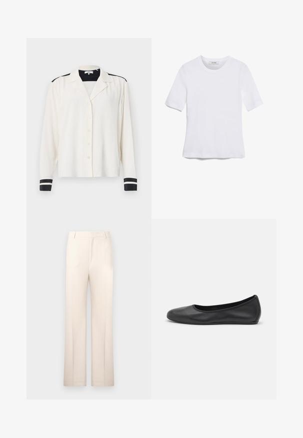 Camicia a maniche lunghe in tessuto crema con colletto, caratterizzata da accenti a righe nere sulle spalle e polsini a righe nere. Chiusura con cinque bottoni.; T-shirt bianca a maniche corte realizzata in tessuto a costine. Collo rotondo, vestibilità regolare e dettagli di cucitura sottili. Senza motivi o grafiche.; Pantaloni beige su misura con design a gamba dritta, realizzati in tessuto leggero. Presentano pieghe frontali e una cintura classica.; Pantofole da balletto nere in pelle con punta arrotondata, texture liscia, dettagli di cucitura minimi e design con suola flessibile.