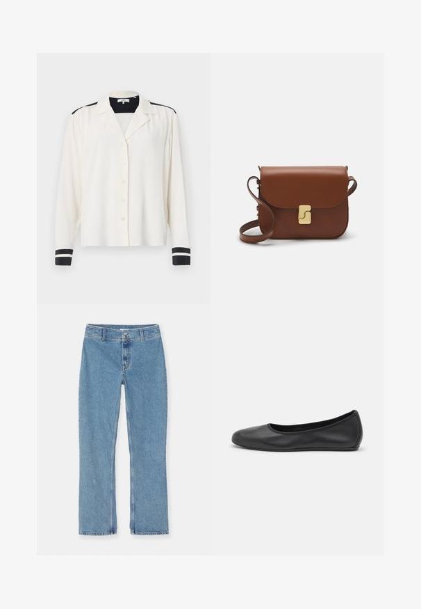 Langärmliges Hemd aus cremefarbenem Stoff mit Kragen, das schwarze Streifenelemente an den Schultern und schwarze gestreifte Manschetten aufweist. Fünf Knopfverschluss.; Weißes kurzärmliges T-Shirt aus geripptem Stoff. Runder Halsausschnitt, normale Passform und dezente Nähte. Keine Muster oder Grafiken.; Helle blaue gerade geschnittene Jeans aus Denim mit Knopf- und Reißverschluss, Gürtelschlaufen und Standardnähten auf weißem Hintergrund.; Schwarze Leder-Ballettschuhe mit abgerundeter Spitze, glatter Textur, minimalen Nähdetails und einem flexiblen Sohlen-Design.; Braune Ledertasche mit Klappenverschluss, Beschlägen in Goldfarbe, einem Schultergurt und einer glatten Oberfläche. Kompakte rechteckige Form.