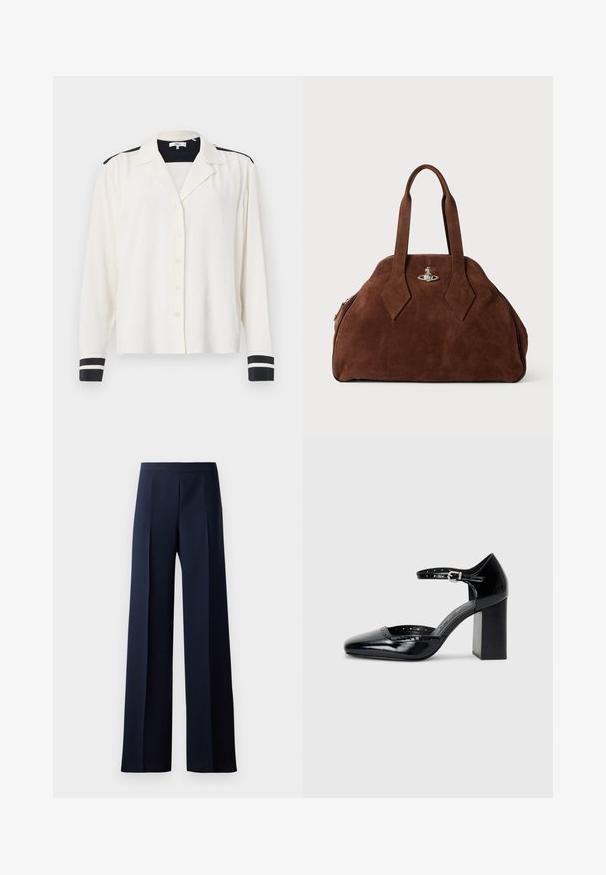 Dlouhý rukáv košile z krémové látky s límečkem, s černými pruhy na ramenou a černě pruhovanými manžetami. Zapínání na pět knoflíků.; Kalhoty s širokými nohavicemi z tmavě námořnické látky, s hladkou strukturou, jemnými předními sklady a přiléhavým pasem pro štíhlý siluetu.; Černé lakované kožené vysoké podpatky se čtveratou špičkou, řemínkem kolem kotníku a masivním podpatkem. Obsahuje perforované detaily na okraji.; Hnědá semišová kabelka se strukturovaným tvarem, zaobleným tělem a prodlouženými úchyty ve tvaru diamantu. Obsahuje stříbrné kování na zavírání.
