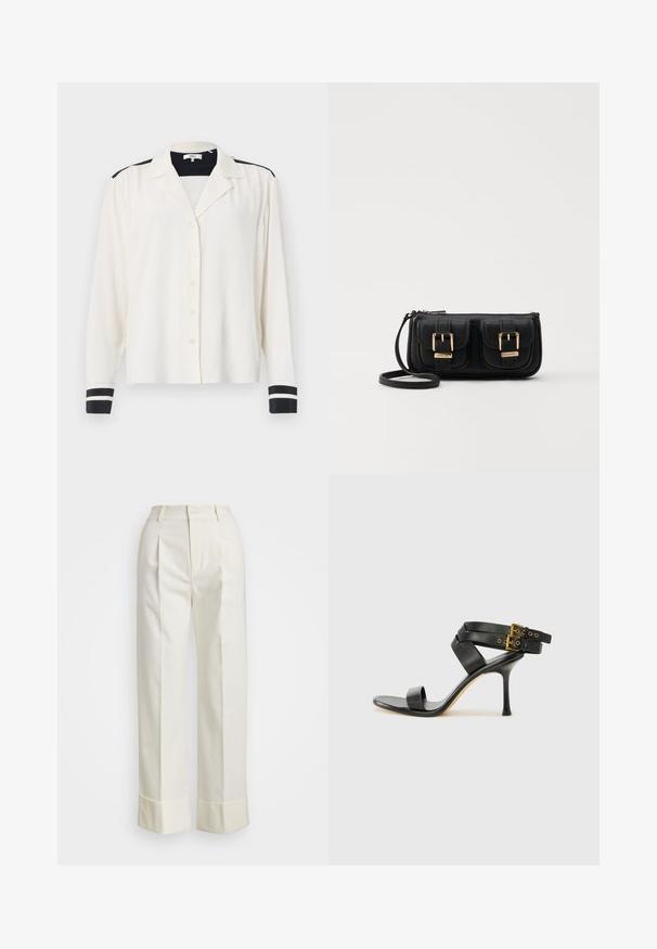 Majica s dugim rukavima od krem tkanine s kragnom, s crnim prugastim akcentima na ramenima i crnim prugastim manžetama. Zatvaranje na pet dugmadi.; Bijele krojene hlače s visokim strukom, dvostrukim prednjim naborima i širokim nogavicama sa preklopnim manžetama. Izrađene od glatke, teksturirane tkanine.; Crne sandale s petom sa preklapanim trakama i podesivim kopčanjem. Imaju glatku teksturu i suženi stiletto potplat.; Crna kožna torba preko ramena s dva prednja džepa, zlatnim kopčama, zatvaranjem na zip i uskim remenom. Teksturirana površina i kompaktan pravokutan oblik.