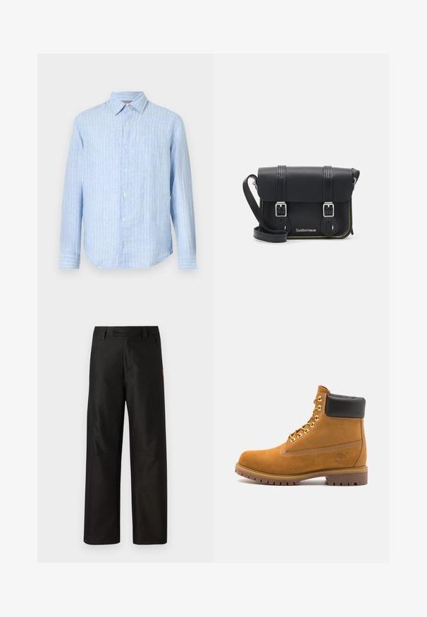 Gaiši zila pogām līdzīga krekla ar vertikālām baltām strīpām, garām piedurknēm, norādītu apkakli un apaļu apakšmalu. Izgatavots no viegla auduma.; Melnas platās bikses, izgatavotas no gludas auduma, ar plakanu priekšu, jostas cilpām un divām sānu kabatām. Sarkanā zīmola logo akcentācija pusē.; Brūna zamša potīte ar melnu izšuvumu ap kaklu, zelta metāla acu caurumi, balta šuvju apdare un izturīgs gumijas zole ar izteiktu zīmējumu.; Melna ādas crossbody soma ar vāciņu, divām sudraba sprādzēm, dzeltena diega šuvēm un regulējamu siksnu. Iespējas ar gludu faktūru un kompakto dizainu.