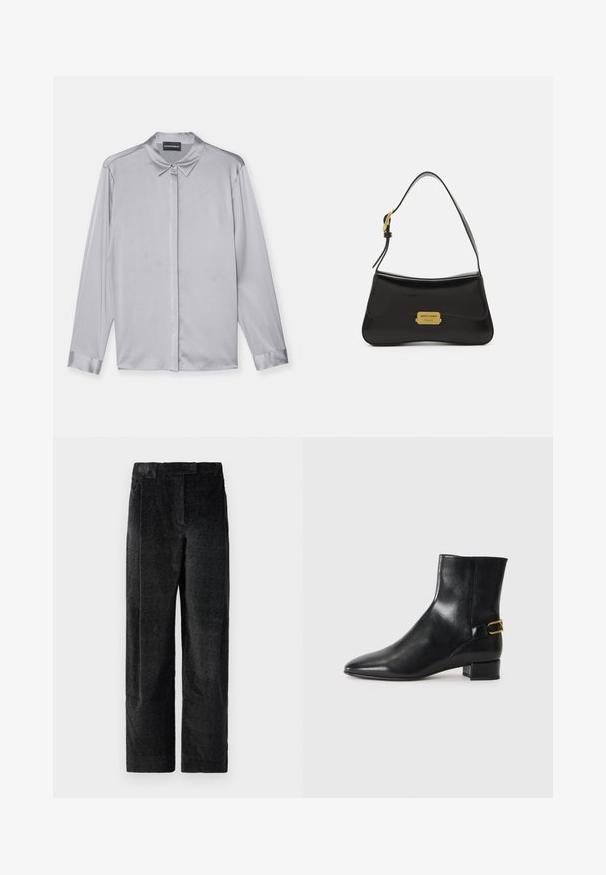 Emporio Armani Cămașă - misty grey; Pantaloni negri, texturați, cu picioare largi și un țesătură pronunțată, dotati cu pliuri frontale și un talie plată. Design clasic, pentru versatilitate.; Botă de gleznă din piele neagră, cu vârf ascuțit, toc bloc și un accent decorativ cu cataramă aurie pe spate. Textură netedă, design minimal.; Geantă de umăr din piele neagră, cu un design curbat, accent cu placă logo aurie și un breloc subțire. Textură netedă cu un finisaj elegant.