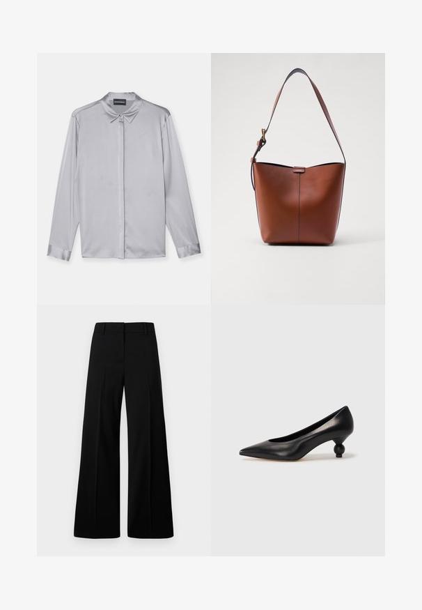 Emporio Armani Nööpidega pluus - misty grey; Mustad mustad jalad, mis on varustatud sileda tekstuuriga, struktureeritud vöökoht ja esiplekid. Minimalistlik disain, ilma nähtava riistvarata.; Must musta kõrge kontsaga king, millel on terav nina ja ümar, pallikujuline konts. Sile pind ja elegantne, minimalistlik disain.; Pruun nahast õlakott, millel on kaarjas kuju, sile tekstuur ja üks õhuke rihm. Omab peent õmblust ja väikest logo detaili.