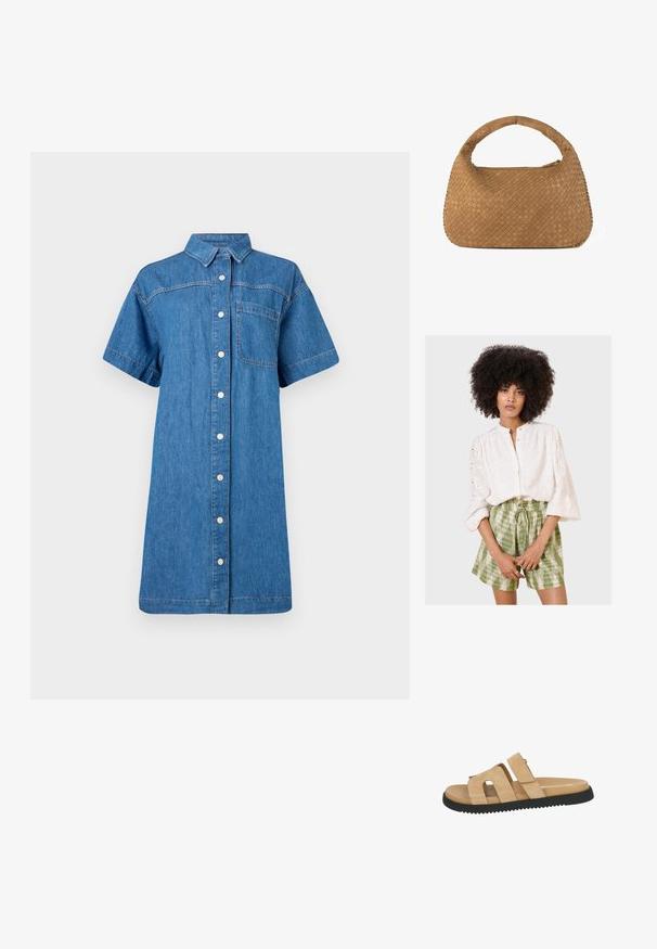 Biała haftowana bluzka z zapięciem na guziki i bufkowymi rękawami, w połączeniu z zielonymi szortami w kratkę na troczki. Miękka tkanina, szczegółowe wzory.; Jeansowa sukienka koszulowa w średnim niebieskim odcieniu, krótki rękaw, zapięcie na guziki z przodu, jedna kieszeń na piersi oraz luźna sylwetka w kształcie litery A.; Beżowe sandały z dwoma szerokimi zamszowymi paskami, zakrzywionym otworem i czarną gumową podeszwą z teksturowanym bieżnikiem dla lepszej przyczepności.; Spleciona torebka w odcieniu brązowym z zaokrąglonym uchwytem, wykonana z miękkiej skóry. Posiada zamek błyskawiczny oraz misterny wzór plecionki.