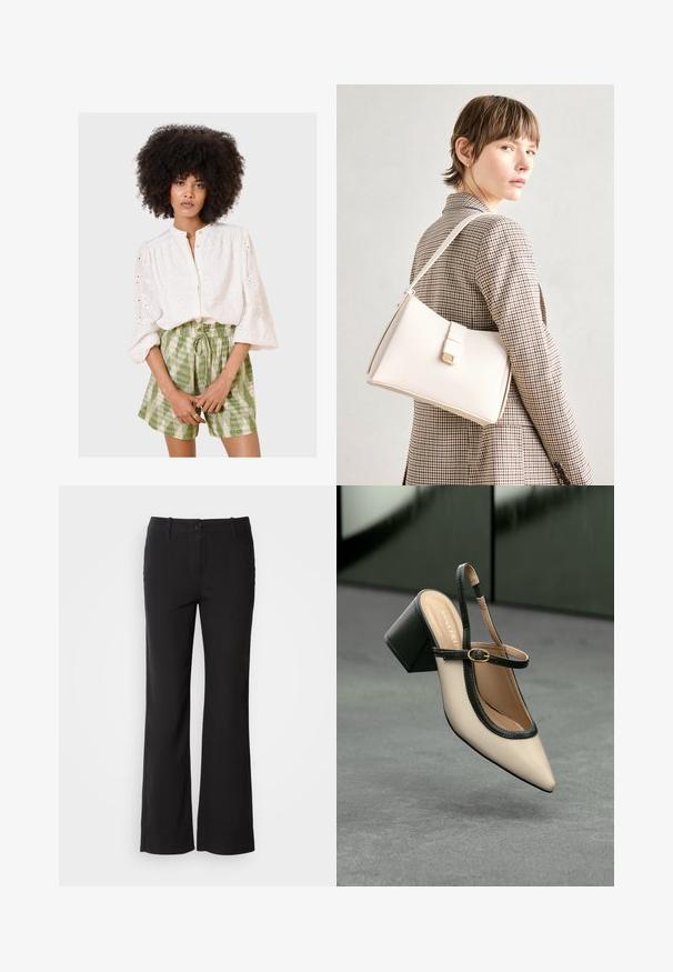 Blusa bianca ricamata con chiusura a bottoni e maniche a sbuffo, abbinata a pantaloni corte con coulisse a scacchi verdi. Tessuto morbido, motivi dettagliati.; Pantaloni in misto cotone neri con design a gamba dritta, chiusura frontale con bottone e due tasche laterali. Tessuto liscio, senza motivi visibili.; Scarpa beige con punta a stivale, con rifiniture nere, fibbia dorata e tacco a blocco spesso su un pavimento grigio con sfondo verde scuro.; Borsa a mano in pelle bianca con un design strutturato, presente di un clasp magnetico e una tracolla, esposta su uno sfondo neutro.