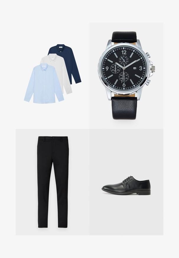 Kolme pitkähihasta paitaa: vaaleansininen, valkoinen ja laivaston sininen. Kaikissa on klassinen kaulus ja napitettavat etuosat, valmistettu sileästä kankaasta.; Mustat istutetut housut, joissa on sileä rakenne, napin sulkeminen, vyölenkit eikä näkyviä kuvioita tai yksityiskohtia.; Musta nahkainen juhlakenkä, jossa on sileä pinta, nyöritys, teräväkärkinen kärki ja matala kumipohja. Minimalistinen muotoilu ja yksityiskohdat.; Musta nahkainen rannekello, jossa on hopeinen ruostumattomasta teräksestä valmistettu kotelo. Mustassa kellotaulussa on valkoiset tuntimerkit, hopeiset viisarit ja kolme alikellotaulua.