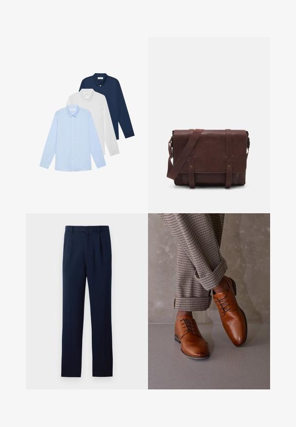Tři košile s dlouhým rukávem: světle modrá, bílá a námořnická. Všechny mají klasický límec a zapínání na knoflíky, vyrobené z hladkého materiálu.; Námořnické modré kalhoty vyrobené z hladké látky, se zapínáním na jeden knoflík, plisováním a rovnými nohavicemi. Minimalistický design bez výrazných vzorů.; Hnědé kožené boty mají zaoblenou špičku, pět dírek na šněrování a kontrastní tmavé tkaničky. Kalhoty jsou kostkované a na koncích ohrnuté.; Hnědá kožená taška přes rameno s plochým předním klopem, dvěma popruhy, zlatými kovovými detaily a nastavitelným ramenním popruhem.