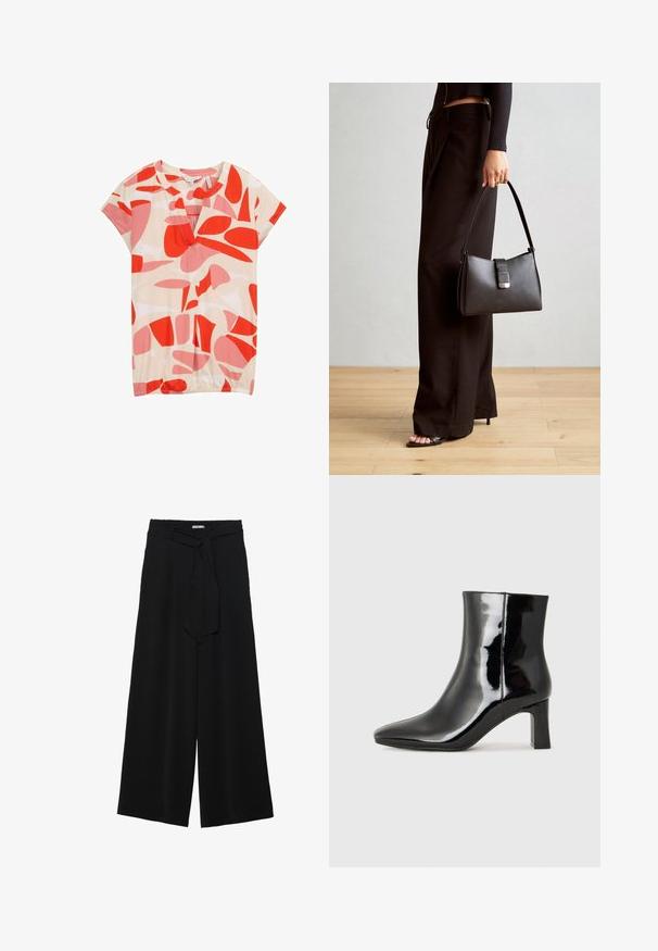 TOM TAILOR T-shirt con stampa - red dots and shapes design; Pantaloni neri a gamba larga caratterizzati da un tessuto testurizzato, una vita elastica e una cintura staccabile per una vestibilità regolabile.; Stivaletto in pelle verniciata nera con punta a punta e tacco a blocco di altezza media. Texture liscia e design minimalista.; Borsa nera con forma strutturata, texture liscia e una chiusura metallica. Abbinata a pantaloni neri larghi e sandali open-toe su un pavimento in legno.