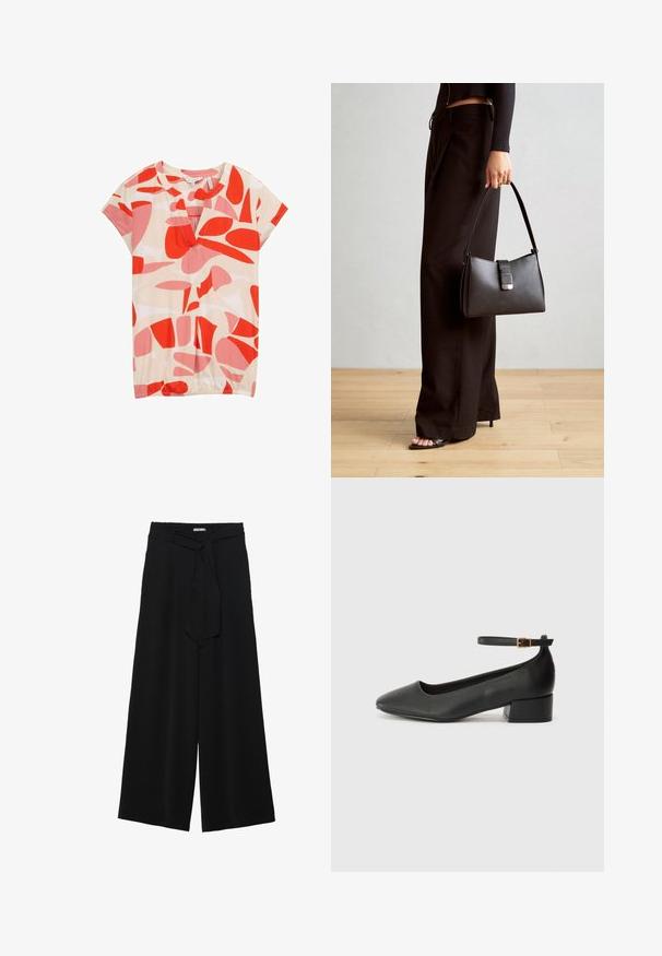 TOM TAILOR T-shirts print - red dots and shapes design; Sorte vide bukser i en tekstureret stofkvalitet, med elastisk talje og et aftageligt bånd i taljen for justerbar pasform.; Sorte læderpumper med spids tå og en lav blokhæl. Har en ankelrem med en guldfarvet spænde. Glat tekstur.; Sort håndtaske med struktureret form, glat overflade og metalspænde. Sammen med brede sorte bukser og sandaler med åben tå på trægulv.