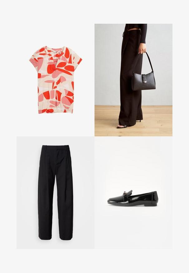 TOM TAILOR T-shirt print - red dots and shapes design; Zwarte broek met een ontspannen pasvorm, geplooide voorkant en riemlussen. Soepele stof en rechte pijpen, met zijzakken.; Zwarte gepatenteerde leren loafer met een vlakke zool, ronde teen en een decoratieve band met een gouden accen. Gladde, glanzende afwerking.; Zwarte handtas met gestructureerde vorm, gladde textuur en een metalen sluiting. Gecombineerd met brede zwarte broeken en sandalen met open teen op een houten vloer.