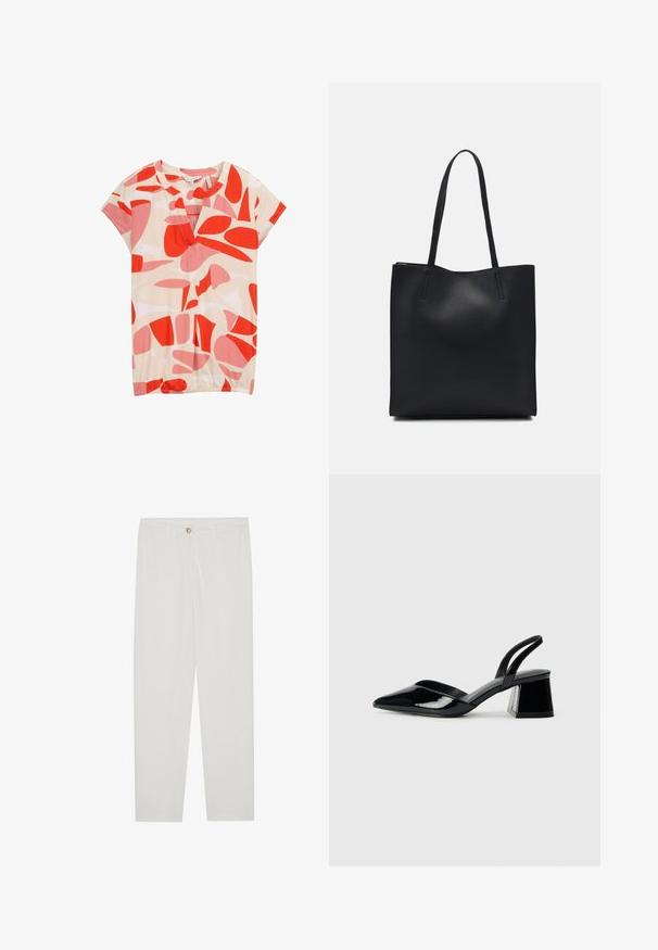 TOM TAILOR Apdrukāts T-krekls - red dots and shapes design; Baltas, pielāgots bikses ar taisnu kāju dizainu, ar pogu aizdari, jostu cilpām un sānu kabatām; gluda auduma tekstūra.; Melna lakota āda ar atvērto papēdi, ar smailu purngalu un ģeometrisku blokpapēdi. Iezīmējas elegants, minimāls dizains un gluda tekstūra.; Melnas ādas somiņa ar gludu tekstūru, taisnstūra formu un divām garām rokturiem. Nav redzamu aparatūras vai rotājumu.