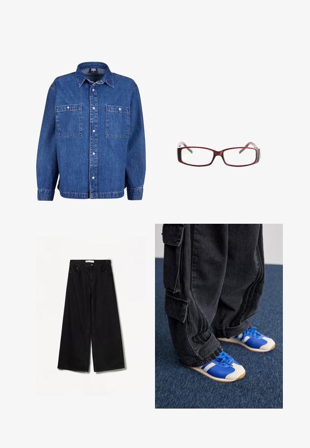 Giacca di denim di colore blu medio con maniche lunghe, chiusura con bottoni e due tasche sul petto. Presenta un colletto classico e una vestibilità rilassata.; Bershka WIDE-LEG - Wide Leg - black; Persona che indossa pantaloni cargo neri larghi e sneakers blu e bianche, in piedi su un tappeto blu scuro.; Occhiali da sole rettangolari rossi con un design elegante. Lenti chiare, steli leggermente traslucidi e un effetto sfumato dal rosso al grigio.