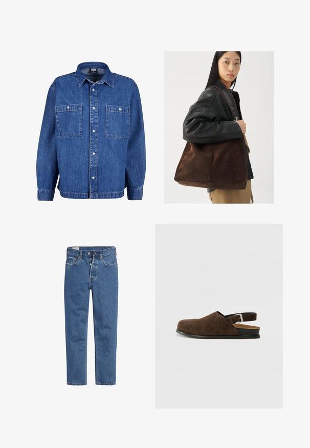 Denim jacket in medium blue with long sleeves, button-up front, and two chest pockets. Features a classic collar and relaxed fit.; Blue denim jeans featuring a high-waisted design, five-button closure, and straight leg cut. The fabric has a textured, slightly faded finish.; Brown suede slip-on shoe with a low heel, an adjustable strap with a silver buckle, and a black rubber sole.; Brown suede tote bag with a wide shape and soft texture, featuring a single strap and minimal hardware against a neutral backdrop.