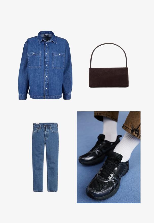 Denim jacket in medium blue with long sleeves, button-up front, and two chest pockets. Features a classic collar and relaxed fit.; Blue denim jeans featuring a high-waisted design, five-button closure, and straight leg cut. The fabric has a textured, slightly faded finish.; Black Nike sports shoes feature a mesh upper with shiny accents, black laces, and a textured sole. Paired with white ribbed socks.; Rectangular dark brown suede handbag with a slim single handle, minimalistic design, and no visible embellishments.