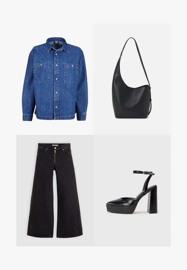 Jachetă din denim de culoare albastru mediu, cu mâneci lungi, deschidere cu nasturi și două buzunare pe piept. Are un guler clasic și o croială lejeră.; Jeans cu picioare largi din denim negru, cu fermoar în față, design cu cinci buzunare și detalii subtile de cusătură. Textură netedă și stil casual.; Pantofi cu toc platformă negri, cu vârful ascuțit și curea reglabilă la gleznă. Confecționați din piele netedă, având un toc gros.; Geantă hobo din piele neagră, cu o textură netedă, formă curbată și un singur bretele ajustabil; are o deschidere largă în partea de sus.