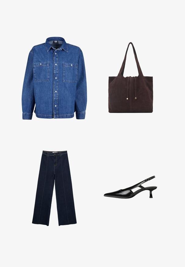 Jeansjacka i medelblått med långa ärmar, knäppning fram och två bröstfickor. Har en klassisk krage och avslappnad passform.; Bredd-leg mörk denimbyxor med kontrastsöm, hög midja och rak passform. Har framfickor och en klassisk knappstängning.; Svart lackläder slingback-klackar med spetsig tå, utskuren sidor och en liten fyrkantig klack. Slät textur med minimala accenter.; Mango Shoppingväska - dark brown