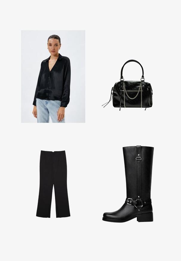 Zwarte satijnen overhemden met knopen, V-hals, lange mouwen en een gladde textuur. Getailleerde pasvorm met een subtiele glans en een klassiek kraagontwerp.; Zwarte broek met een rechte pasvorm, voorzien van zijzakken en plooien aan de onderzijde. Gemaakt van zachte, gladde stof. Geschikt voor verschillende gelegenheden.; Hoge zwarte neplederen laarzen met een ronde neus, accentriem met gespsleutel en een brede hak. Glad textuur en verticale naad op de schacht.; Bershka WITH CHAIN - Handtas - black
