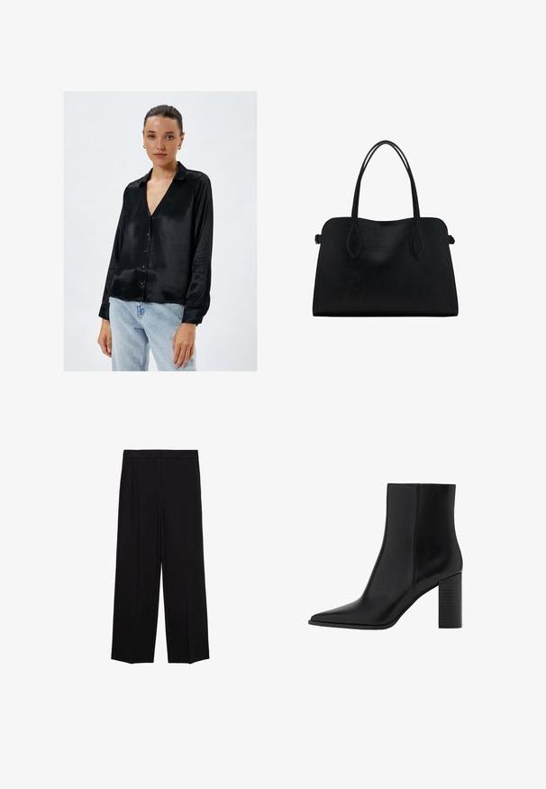 Zwarte satijnen overhemden met knopen, V-hals, lange mouwen en een gladde textuur. Getailleerde pasvorm met een subtiele glans en een klassiek kraagontwerp.; Zwarte wijde broek van een gladde stof, met plooien aan de voorkant en zijzakken, ontworpen met een rechte, relaxte snit.; Zwarte leren enkellaars met een spitse neus, vierkante hak, een gladde textuur en stikdetails langs de naden. De hakken zijn ongeveer 8,9 cm hoog.; Zwarte leren handtas met dubbele schouderriemen, rechthoekige vorm en minimalistisch ontwerp op een witte achtergrond.
