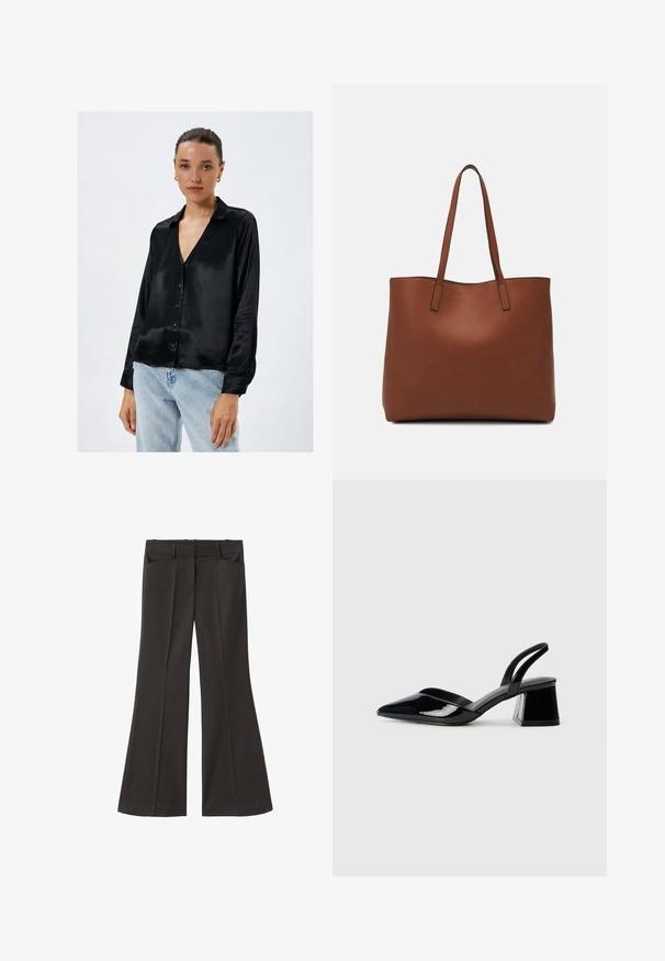 Sort satin skjorte med knapper og V-hals, lange ærmer og en glat tekstur. Skræddersyet pasform med en subtil glans og klassisk kravedesign.; Sorte flagrende bukser med høj talje; har to forlommer og en glat stofstruktur. Egnet til forskellige anledninger.; Sorte patentlæder slingback hæle med spids tå og en geometrisk blok hæl. Har et elegant, minimalistisk design og en glat tekstur.; Brun læder tote taske med en glat overflade, åben topdesign og to skulderremme. Har minimal syning og ingen synlig hardware.