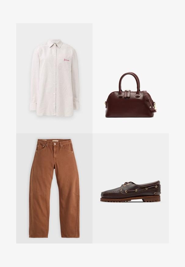 Ilga rankovėmis smėlio ir baltos vertikalios juostos marškiniai su krūtinės kišenėle, siuvinėta raudona "fiorucci" logotipu.; Rudai rudi tiesūs džinsai su priekinėmis ir galinėmis kišenėmis, metaliniais kabliukais, mygtuko užsegimu ir diržo kilpomis, išdėstyti ant balto fono.; Rudos odinės jachtų bateliai su auksinėmis akytėmis, apvaliais raiščiais ir tekstūruota ruda gumine padu. Yra siuvinėti dekoratyviniai elementai ir iškeltas logotipas.; Bordo odinė rankinė su dviem viršutiniais rankenomis, nuimamu peties diržu, auksinėmis detalėmis ir apvalia forma. Uždarymas užtrauktuku.