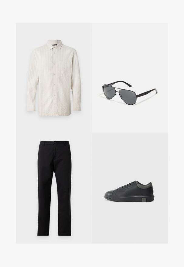 Cămașă bej deschis cu mânecă lungă, cu un model de dungi verticale, nasturi în față, un buzunar pe piept și o textură a țesăturii moale.; Pantaloni negri cu picioare drepte, cu închidere prin buton și fermoar, curea, și buzunare frontale, expuși pe un fundal alb.; Tenisii din piele neagră cu un finisaj neted, vârf rotunjit și accente gri închis. Au un design cu șireturi și talpă din cauciuc texturat.; Ochelari de soare aviator negri cu lentile întunecate, cadru subțire din metal și brațe înguste din plastic, având accente cu logo.