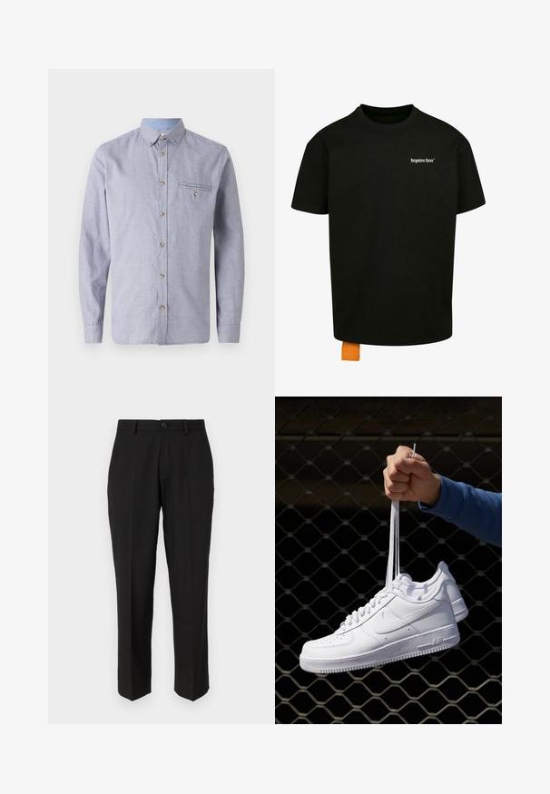 Chemise à manches longues à carreaux bleu clair et blanc avec col à boutonnière, poche avant, manches à poignet et accents de boutons en bois.; T-shirt en coton noir avec une coupe décontractée, col rond et manches courtes. Présente un logo en texte blanc sur la poitrine et une étiquette orange à l'ourlet.; Pantalon noir en tissu lisse, présentant une coupe droite, des poches avant, un bouton simple de fermeture et sans motifs visibles.; Baskets en cuir blanc avec perforations, à bout rond, semelle plate et lacets épais, arborant un logo swoosh visible et "AIR" sur le talon.