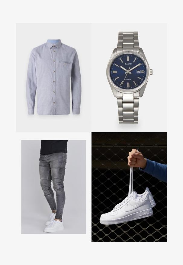 Lysblå og hvid ternet langærmet skjorte med button-down krave, brystlomme, manchetter med knapper og trækknapper i træ.; Slank jeans i falmet grå denim med slidte detaljer ved knæene, parret med hvide sneakers. Glat tekstur, slim fit design.; Hvide lædersneakers med perforeringer, rund tå, flad sål og tykke snørebånd, med et synligt swoosh-logo og "AIR" på hælen.; Sølv rustfrit stål urrem med en marineblå urskive, metallic timemarkører og et datovindue kl. 3. Vandafvisende op til 50 meter.