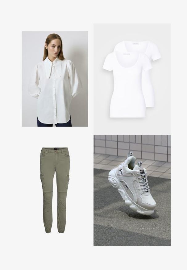 White long-sleeve blouse with a large flat collar, front buttons, and loose fit. Smooth fabric with slight sheen, gathered sleeves.; Two white short-sleeve t-shirts with a scoop neckline, made from smooth fabric, featuring a fitted design and no visible patterns or accents.; Olive green cargo pants in durable cotton blend with tapered cuffs, multiple pockets, and knee pleats for added mobility.; White sneaker with mesh and leather materials, rounded toe, thick sole, prominent laces, and branding on the heel and tongue.