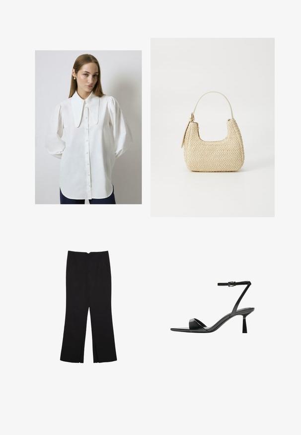 Hvid langærmet blouse med en stor flad krave, frontknapper og løs pasform. Glat stof med let glans, samlede ærmer.; Sorte bukser med lige pasform, der har frontlommer og slidser i kanten. Lavet af blødt, glat stof. Velegnet til forskellige anledninger.; Bershka Højhælede sandaletter / Højhælede sandaler - black; Vævet stråhåndtaske i beige med en buet form, en kort håndtag og en sidelomme med lynlås. Har tekstureret overflade og minimalistisk design.