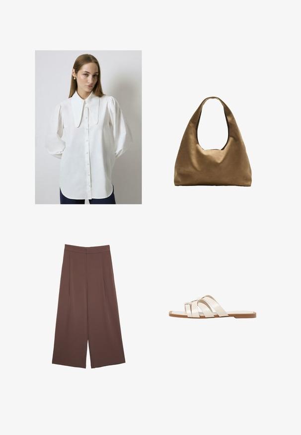 Bílá halenka s dlouhým rukávem a velkým plochým límcem, s knoflíky vpředu a volným střihem. Hladká látka s mírným leskem, nabírané rukávy.; Hnědé široké kalhoty s hladkou texturou, vysokým pasem a předními záhyby. Materiál je lehký a volně splývá.; Ploché sandály s hnědou gumovou podrážkou, navržené se třemi překrývajícími se bílými koženými řemínky a malým mašlí uprostřed.; Hnědá textilní taška přes rameno s širokým, zaobleným tvarem a velkým výřezem na rukojeť. Měkká textura, minimalistický design a žádné viditelné kovové prvky.