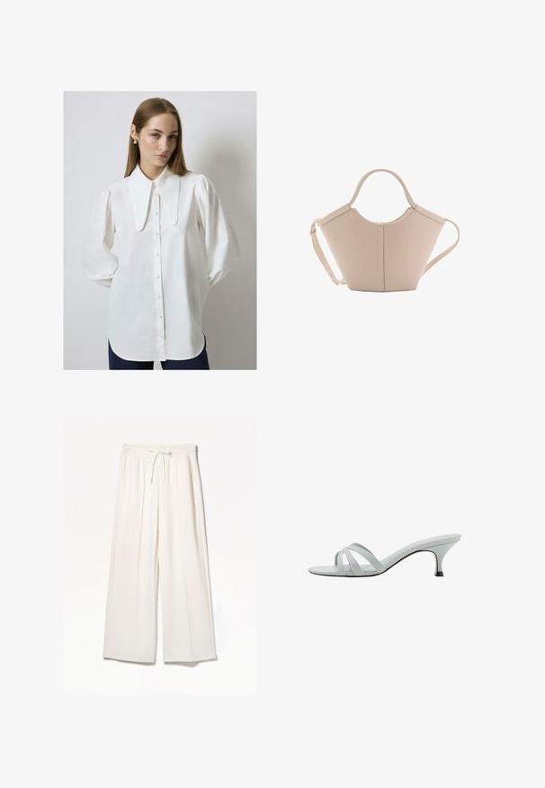 White long-sleeve blouse with a large flat collar, front buttons, and loose fit. Smooth fabric with slight sheen, gathered sleeves.; White wide-leg trousers made from lightweight fabric, featuring an elastic waistband, drawstring, and side pockets with no visible patterns.; Light gray heeled sandals with three crisscross straps, a slim profile, and a tapered heel. Smooth texture with a slightly shiny finish.; Beige leather handbag with a unique shape, featuring two short handles and a long adjustable strap. Smooth texture with minimal hardware.