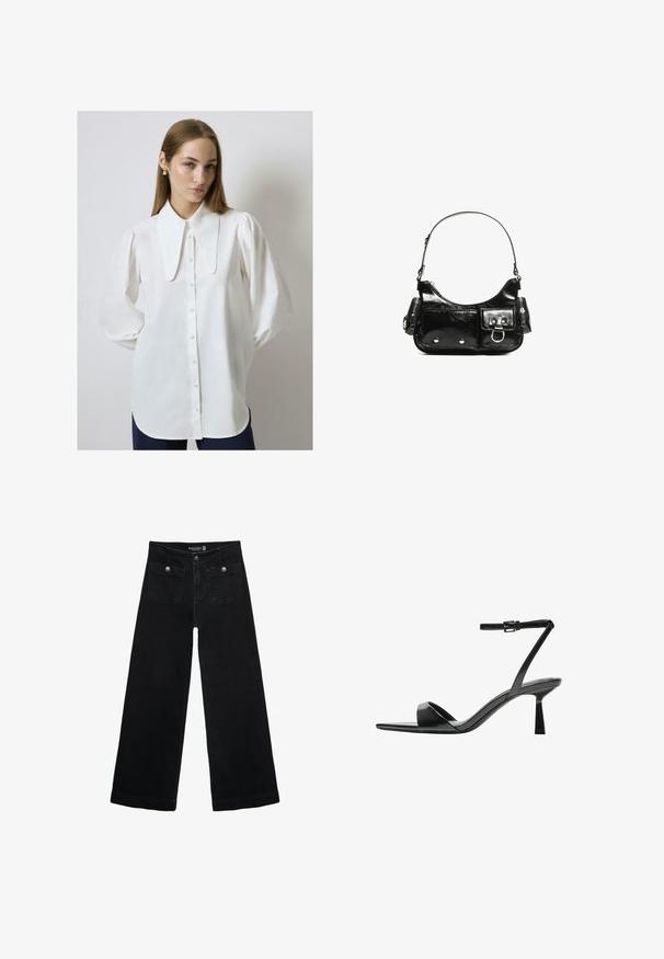 Biała bluzka z długim rękawem, z dużym płaskim kołnierzem, z guzikami z przodu i luźnym fasonem. Gładki materiał o lekkim połysku, z marszczonymi rękawami.; Czarne, szerokie dżinsy z wysokim stanem, z dwoma przednimi kieszeniami i metalowymi guzikami. Tkanina ma gładką fakturę.; Bershka - Sandały na obcasie; Czarna torebka z lakierowanej skóry o zaokrąglonym kształcie, z jednym paskiem na ramię, przednimi kieszeniami i akcentami w kolorze srebrnym.