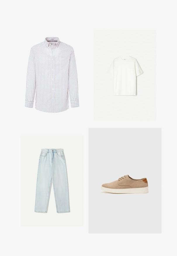 Witte lange mouw shirt met een ruitpatroon in rood en blauw. Button-down kraag, voorkant met knoopsluiting en geknoopte manchetten.; Witte kortengemouwen t-shirt van zacht katoen. Ronde halsontwerp met een ontspannen pasvorm en geen zichtbare logo's of patronen.; Lichtblauwe denim jeans met een relaxte pasvorm, recht model, vijf zakken en subtiele vervaging in de stof.; Beige suède sneakers met een ronde neus, vetersluiting aan de voorkant en een getextureerde achteraccent. De witte rubberen zool zorgt voor contrast. Eenvoudig en modern ontwerp.