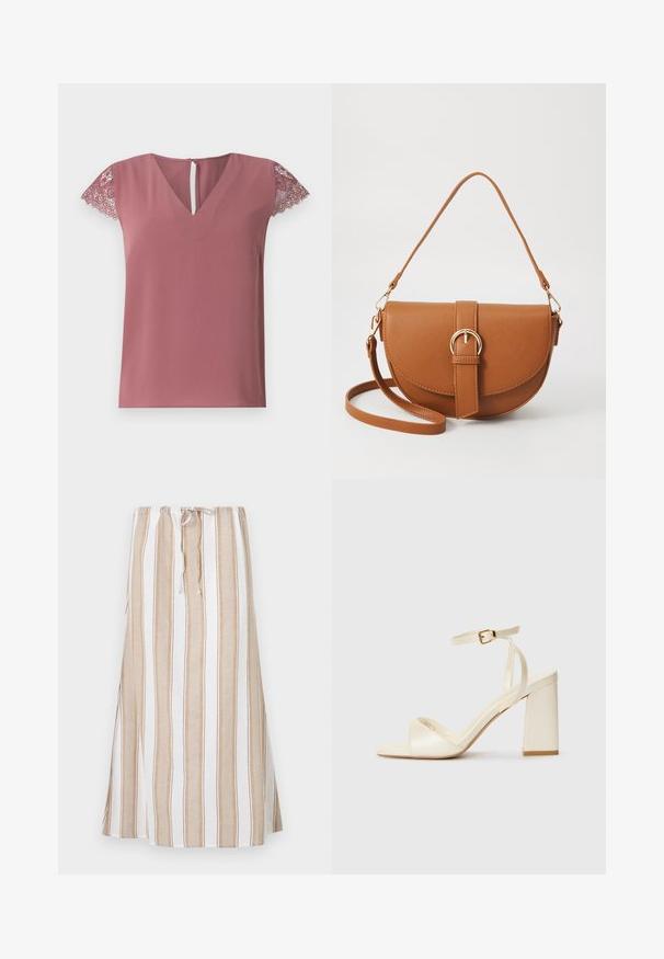Top roz cu decolteu în V și mâneci scurte, având dantelă pe margini. Material neted cu detaliu de cheiță în spate.; Fustă rayé în alb și bej deschis, cu talie reglabilă și un design lung, fluid. Fabricată dintr-un material ușor, cu o croială lejeră.; Sandale cu toc de culoare crem, cu vârful deschis, toc bloc gros, curea subțire la gleznă și un finisaj cu o ușoară strălucire. Accent cu cataramă pe curea.; Geantă din piele maro, tip crossbody, cu o formă curbată, accesorii aurii și un accent cu cataramă. Dispune de un curea de umăr detașabilă.