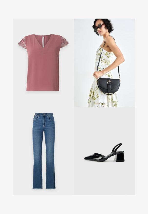 Rózsaszín V-nyakú, rövid ujjú blúz, csipkeborítással. Simább anyag, hátul kulcslyuk részlettel.; Fellengő kék farmernadrág magas derékkal, meglazult szegéllyel és öt zsebes dizájnal. Simaság jellemzi, enyhe kopással.; Fekete lakk bőr szandálkés magas sarkú cipő, hegyes orral és geometrikus tömbsarkakkal. Karcsú, minimalista dizájn és sima textúra jellemzi.; Fekete bőrtáska ívelt formával, levehető pánttal és arany színű fémrészekkel. A táskán egy csattal díszített fedél található.