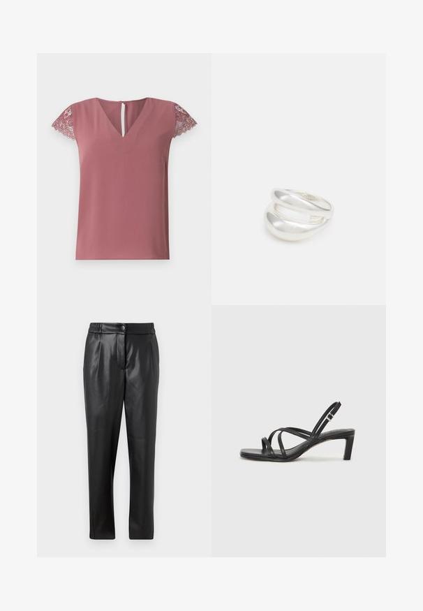 Rozā bluze ar V veida kakla izgriezumu un īsām piedurknēm, kas rotāta ar mežģīnēm. Gluda auduma konstrukcija ar atvēruma detaļu aizmugurē.; Melni ādas bikses ar gludu tekstūru, taisnu piegriezumu, elastīgu jostasvietu un priekšējo pogu aizdari; ar krokām un sašaurinātām kājām.; Melnas strappy sandales ar kvadrātveida purngaliem un zemu bloku papēdi. Ievērojamas ar vairākiem plāniem siksniņām un regulējamu potītes siksniņu. Izgatavotas no gludas ādas.; Sudraba divu joslu gredzens ar gludu, pulētu virsmu. Iezīmējas ar plūstošu, izliekta dizaina struktūru ar pārklājošām sekcijām modernam izskatam.