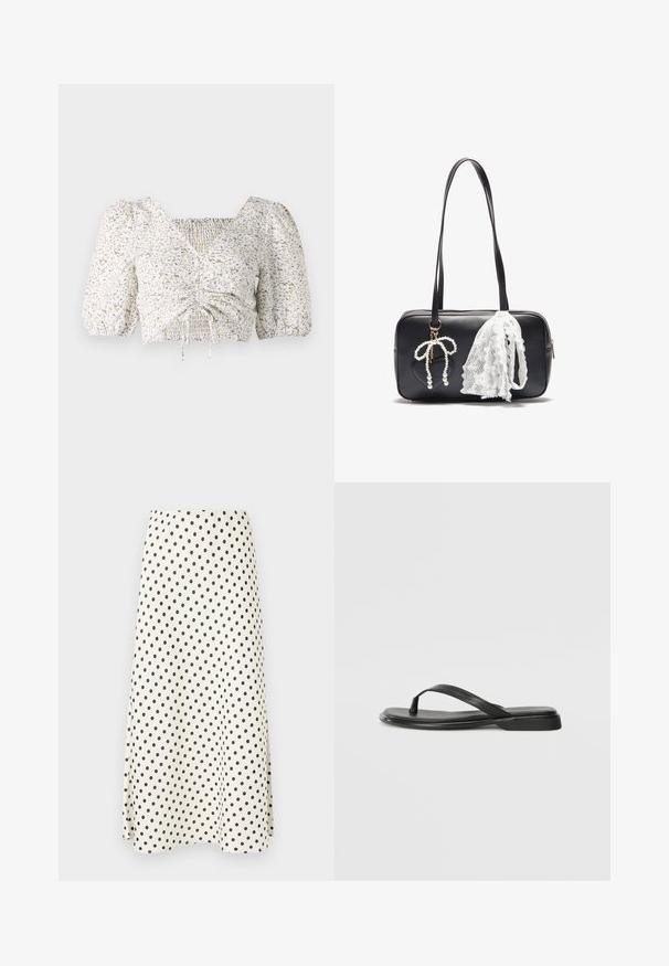 Blusa branca de mangas curtas com estampado floral em bege e azul. Apresenta um painel franzido na parte da frente e decote quadrado com detalhes de cordão.; Duas camisolas: uma creme e uma preta. Ambas apresentam rendas ao longo do decote e da bainha, com alças finas ajustáveis.; Uma saia até ao joelho feita de um tecido leve, apresentando um fundo creme com bolinhas pretas e uma silhueta ampla.; Chinelo preto feito de couro liso, com um design de tira fina e sola baixa com um perfil minimalista. Sem padrões ou acentos notáveis.; Even&Odd Mala de mão - black