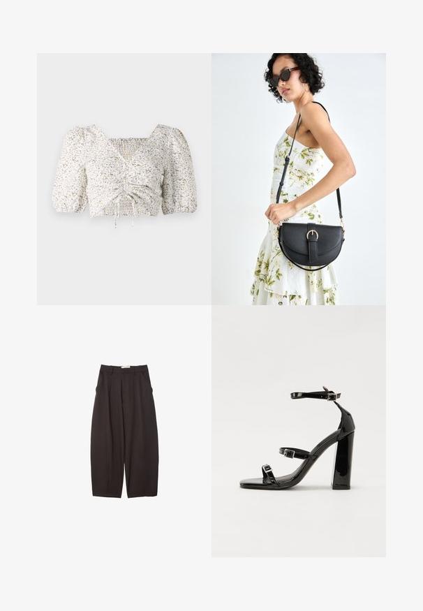 Witte blouse met korte mouwen en een bloemmotief in beige en blauw. Heeft een smock voorkant en een vierkante halslijn met trekkoorddetails.; Zwarte wijde broek gemaakt van een gladde stof, met een hoge taille, voorplooien en zijzakken. Eenvoudig ontwerp zonder versieringen.; Zwarte gepatenteerde sandalen met hak en een vierkante neus, enkelbandjes en zilveren gespen. Heeft een stevige blokhak voor stabiliteit.; Zwarte leren handtas met een gebogen vorm, afneembare schouderband en gouden hardware. De tas heeft een klep met een gespsluiting.