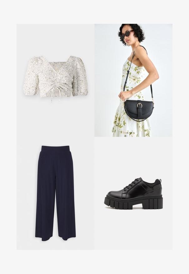 Witte blouse met korte mouwen en een bloemmotief in beige en blauw. Heeft een smock voorkant en een vierkante halslijn met trekkoorddetails.; Wijd-uitlopende broek in donkerblauwe stof met een geribbeld patroon. Heeft een gladde tailleband en een vloeiende silhouet, die tot halverwege de kuiten reikt.; Zwarte leren platform schoenen met een stevige blokhak, ronde neus en een traditionele vetersluiting. Kenmerkt zich door een gladde textuur en minimale details.; Zwarte leren handtas met een gebogen vorm, afneembare schouderband en gouden hardware. De tas heeft een klep met een gespsluiting.