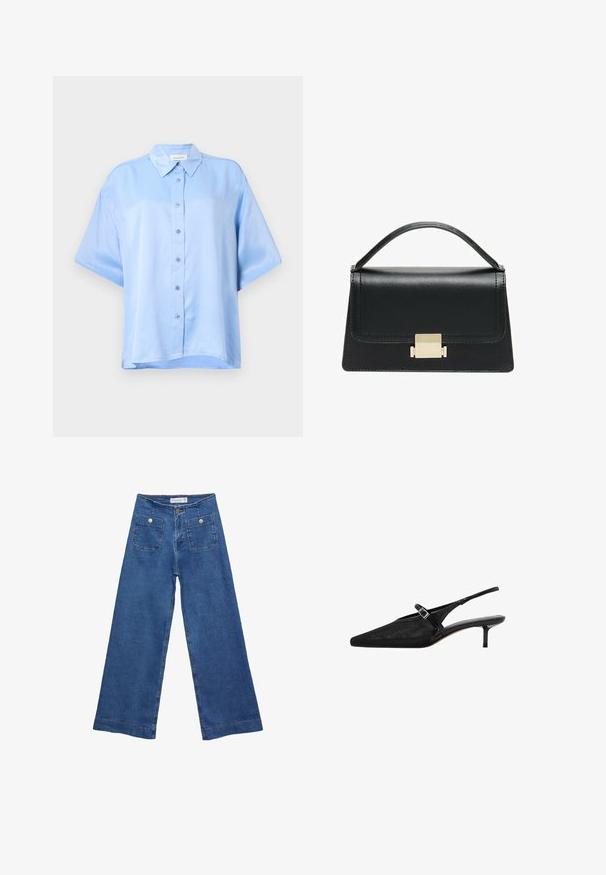 Světlomodrá košile s krátkým rukávem vyrobená z saténové látky, s knoflíkovým zapínáním, špičatým límcem a volným střihem.; Džínové kalhoty širokého střihu s středně modrým omakem, dvěma předními kapsami se zapínáním na knoflíky a prošíváním podél lemů.; Černé slingback podpatky s špičatou špičkou, texturovaný síťovaný svršek, úzký nastavitelný pásek se stříbrnou sponou a 5 cm jehlové podpatky.; Černá kožená kabelka se strukturovaným designem, horním uchopením a zlatým kovovým zapínáním na přední straně. Hladký povrch, minimální švy.